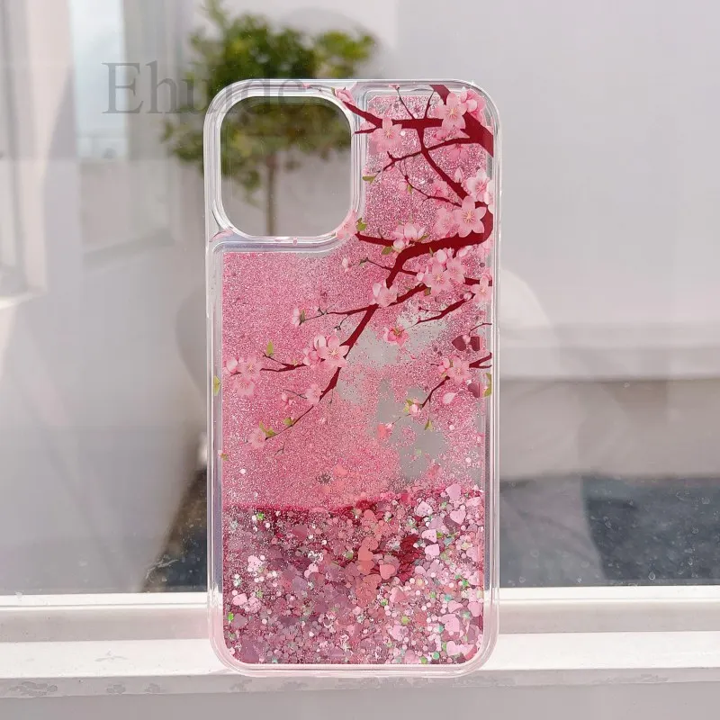 Pink Flower Butterfly Clear Liquid Glitter Quicksand Bling Case
