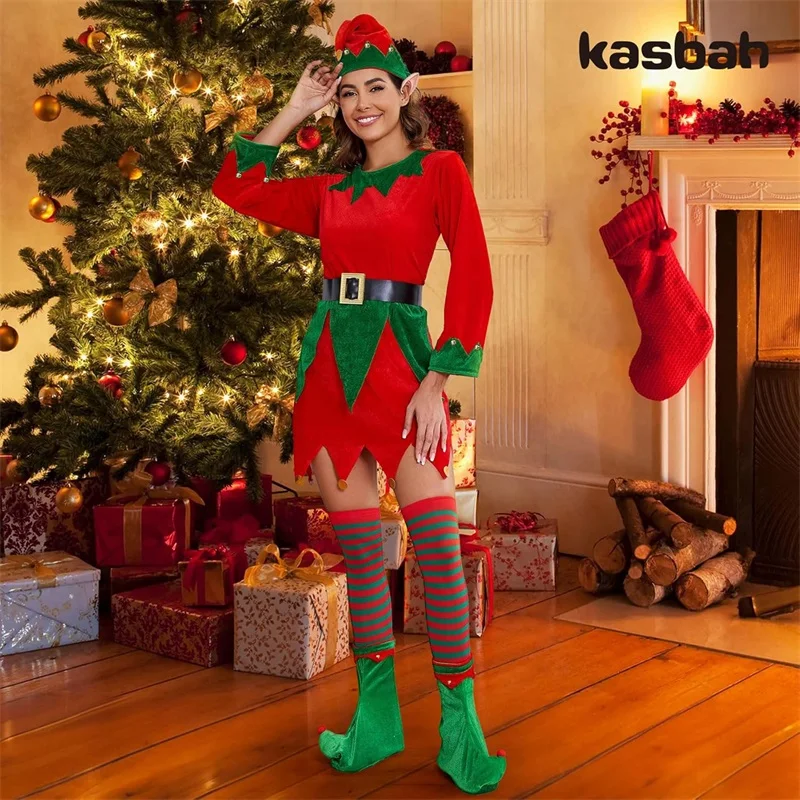 Christmas Women s Elf Costume Dress with Long Sleeves and Round Neckline featuring Contrast Colors and a Flattering A-Line