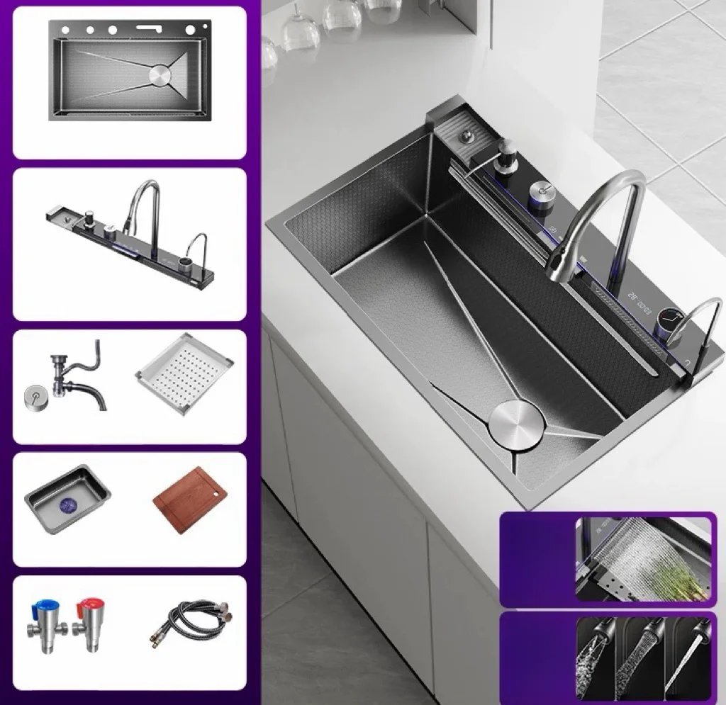 Kitchen Digital Display Waterfall Sink Nanohoneycomb Stainless Steel Single Sink Dishwasher Multifunctional