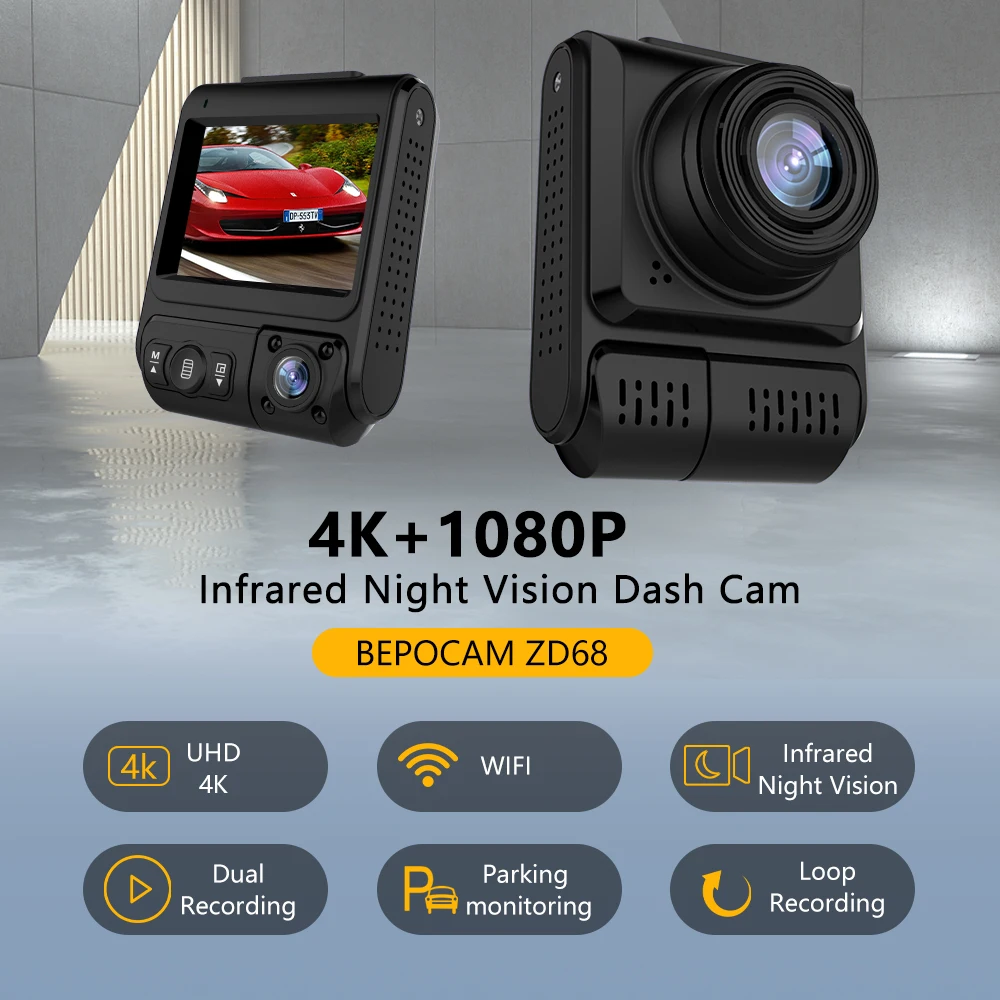 BEPOCAM ZD68 4K Dash Cam Infrared Night Vision Car DVR WiFi External GPS 2.5K+1080P Dashcam Vehicle Android Auto Video Recorder