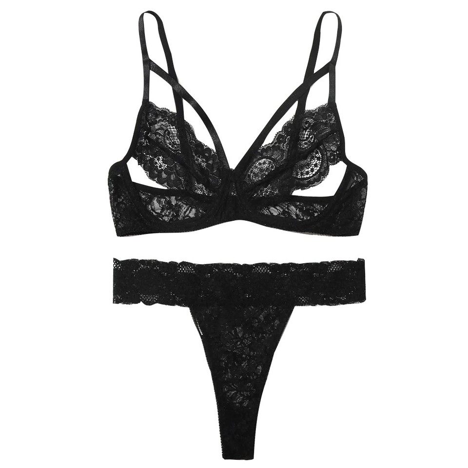 Hollow Out Solid Color Lingerie New Plus Size Lace Bralette And Panty Set Brazilian Bikini Black Sleepwear Lenceria Para Damas