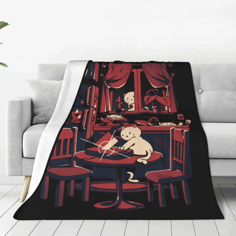 

Haunted By Cats Flannel Throw Blanket Haunted Mansion Spooky Scary Kitty Blankets for Bed Couch Lightweight Thin Bedroom Quilt