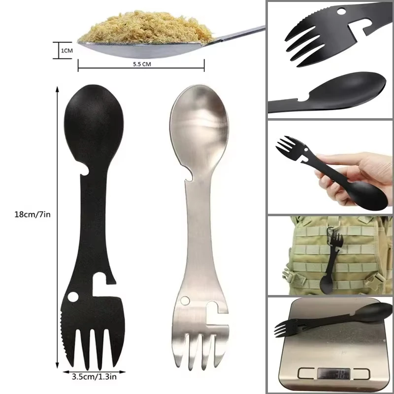 Kit Multiuso Compatto 5-in-1 per Sopravvivenza all'Aperto - Include Coltello, Forchetta, Cucchiaio, Apriscatole e Apribottiglie per Campeggio - immagine 2