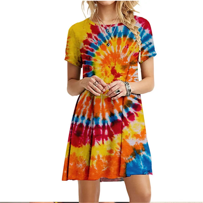 

Fashion Tie Dyed Vortex Print T-shirt Dress Summer Women Casual O-Neck Short Sleeve Mini Dresses Fashion Street Dress Vestidos