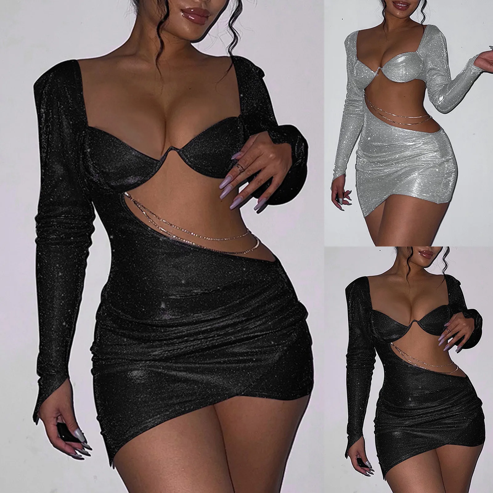 

Long-sleeve hollowed-out diamond sexy buttock skirt with European and American style slim fit design sense party dress