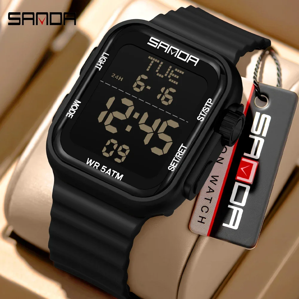 SANDA Men's Waterproof Digital Sports Wristwatch with LED Stopwatch & Silicone Strap