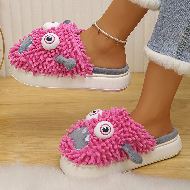 Cartoon Monster Fluffy Slippers Women Thick Sole Non Slip Infoor Funny Slippers Woman 2025 Plush Warm Home Cotton Slides Shoes