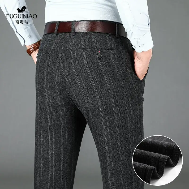 Autumn Winter Business Casual Striped Suit Pants Mens Brushed Straight Slim Fit Trousers for Men Thick Office Formal Dress Pants 4