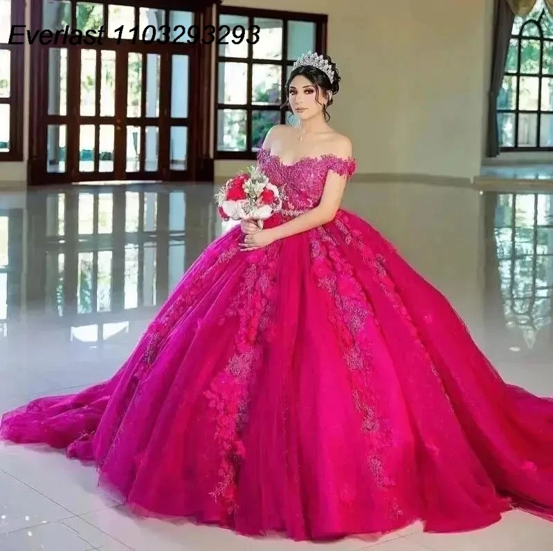 EVLAST Fuchsia Quinceanera Dress Ball Gown Floral Applique Beaded Crystal Mexico Sweet 16 Vestido 15 De A&ntilde;os TQD252