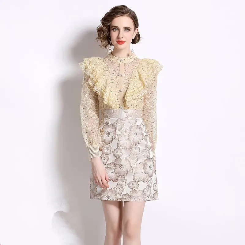 

Temperament Apricot Lace Patchwork Jacquard Short Dress Women 2023 Summer Fall Sequines Slim Elegant OL Dress
