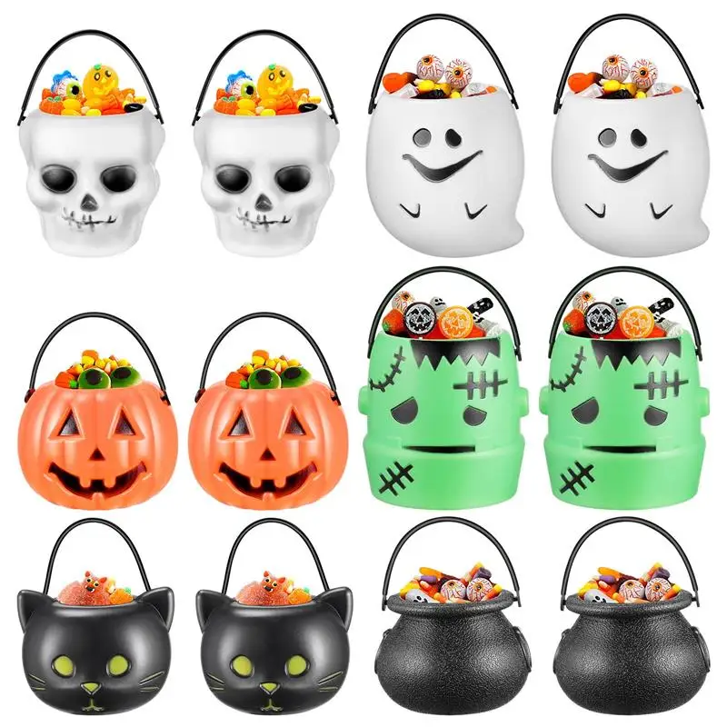12PCS Halloween Candy Buckets Trick Or Treat Candy Holder Candy Pots Pumpkin Ghost Skull Bucket Pail With Handle Party Supplies