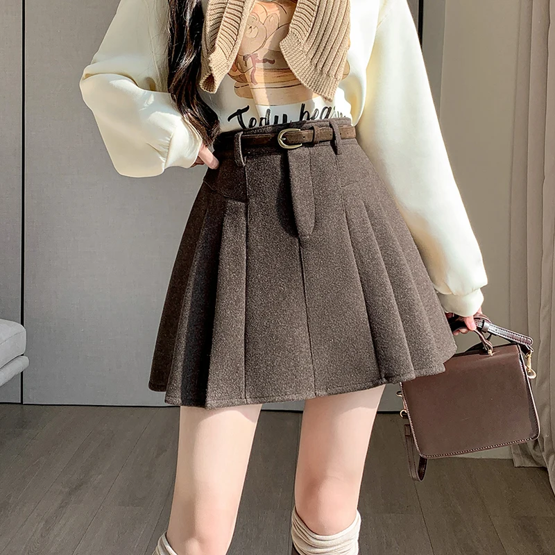 ☆PLEATED WOOL MINI SKIRT/KIMHEKIM☆ Belted Mini Skirt (Grey) - KIMHĒKIM