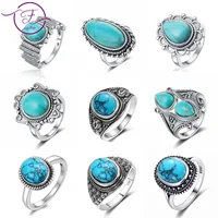 Vintage Natural Turquoise Silver Rings Retro Round Oval Gemstone Ring Fine Jewelry Engagement Party Gifts for Women Men FCGJHW