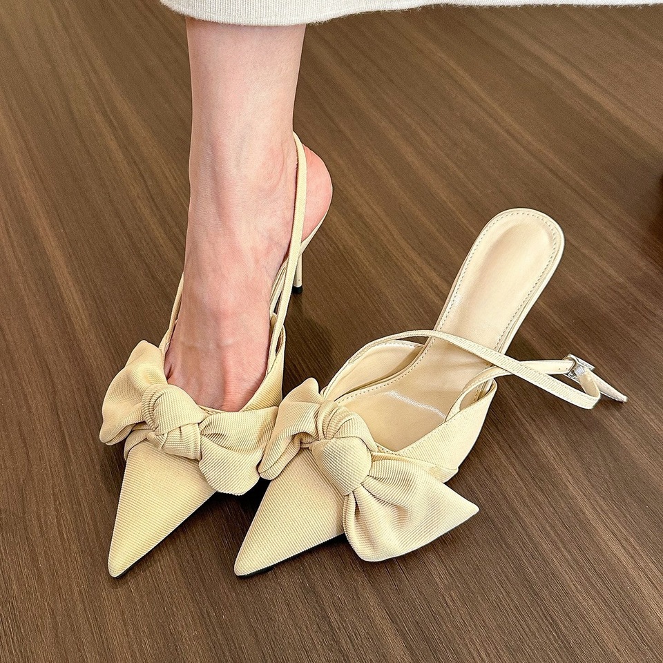 French Tenderness! Apricot Pointed Head Bow High Heel Sandals Women's Spring and Summer Empty Light Mouth Single Women Heels
