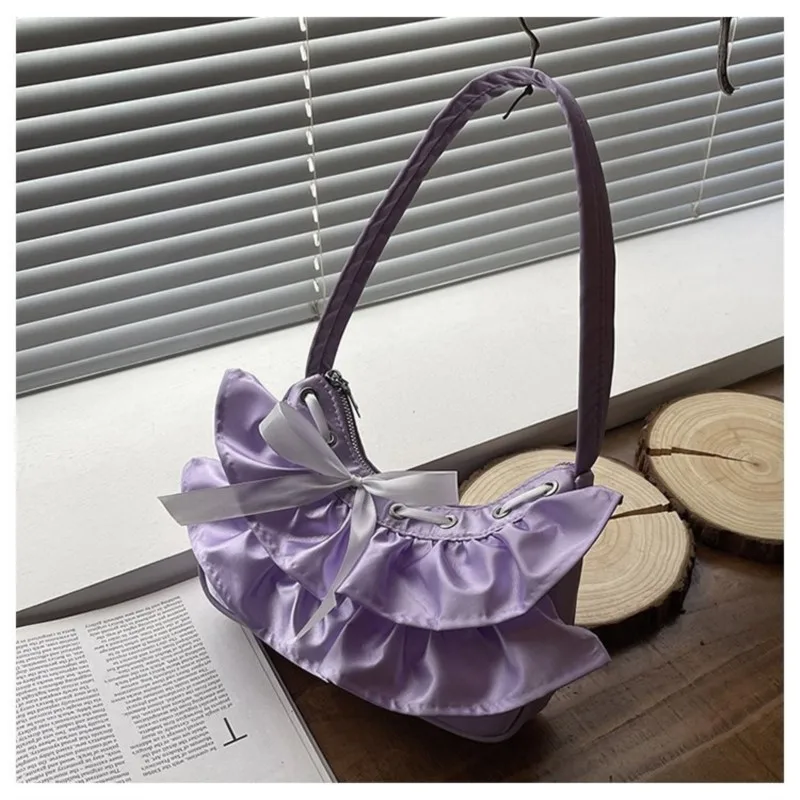 JIAERDI Sweet Ruffled Edge Bow Y2k Handbag Women Versatile Fairycore Aesthetic Shoulder Bags Ladies Retro Hobos Bag Aesthetic