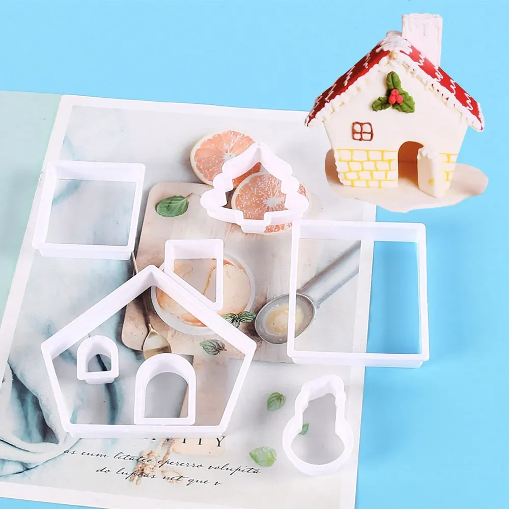 8Pcs Plastic Cookie Cutter Set 3D Christmas Gingerbread House Mould DIY Biscuit Mold Pastry Cake Stamp Baking Cookie Tools