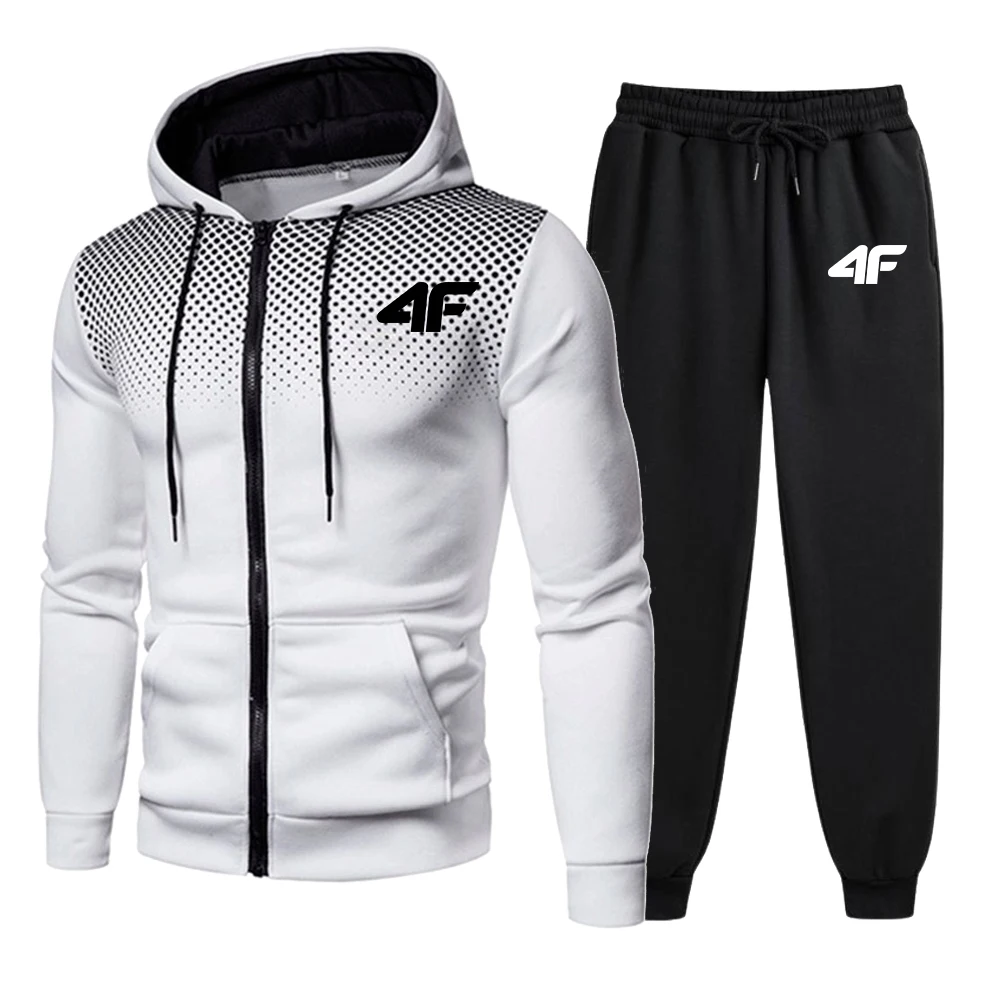 Tracksuit set men's print casual round dot zipper jacket + jogging sweatpants 2 piece set daily hooded sweatshirt