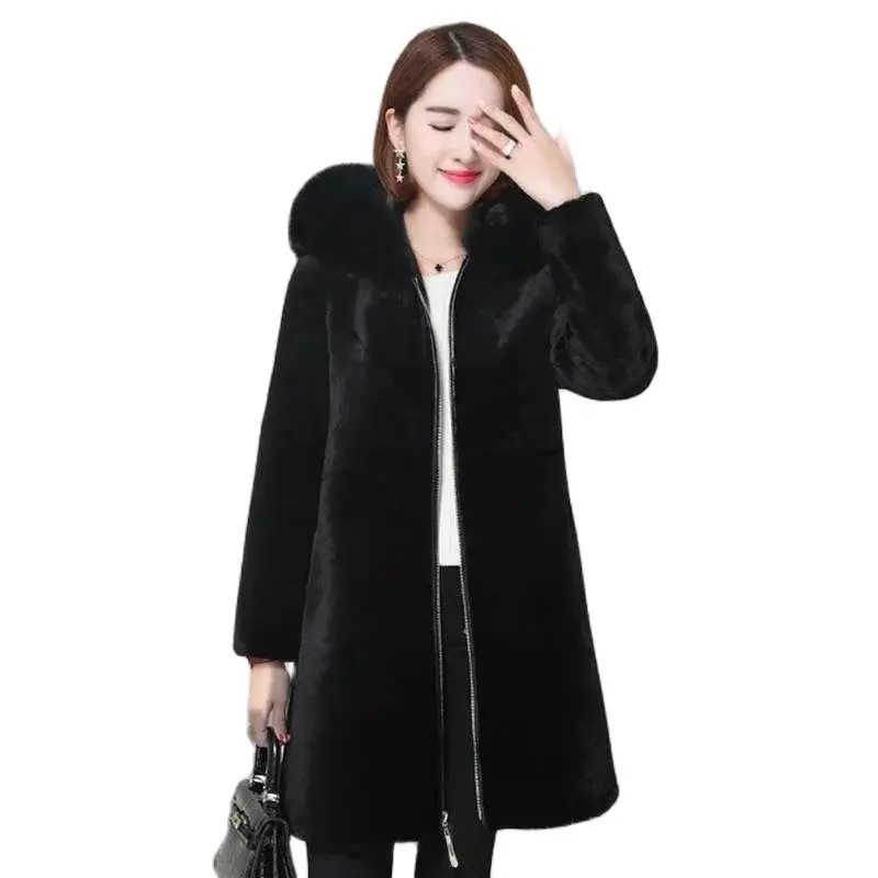 

2023 New Winter Faux Fur Jacket Hooded Parkas Coat Thicken Ladies Warm Long Overcoat Imitation Sheep Shearing Cashmere Outcoat