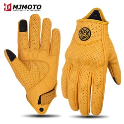 Vintage Yellow Leather Motorcycle Gloves - Unisex Breathable Perforated Design with Touch Screen Capability - XXL (Yellow-Perforated)