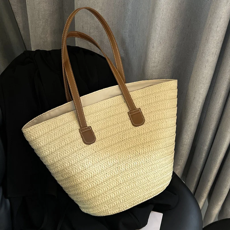 Large Capacity Single Shoulder Woven Bag For Women's 2023 Summer New Straw Woven Bag Weaving Large Capacity Bucket Bag