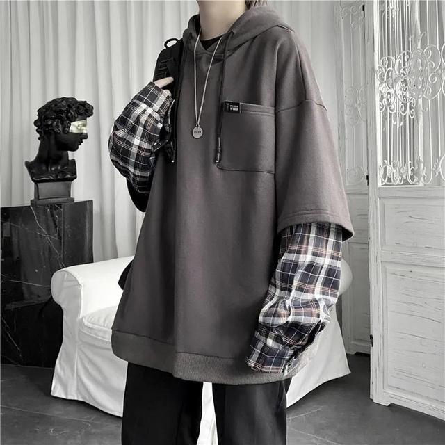 Women Hoodie Plaid Sleeve Patchwork Sweatshirt Fake Two Long Sleeve Pullovers Tops Female Hoodies Unisex Streetwear