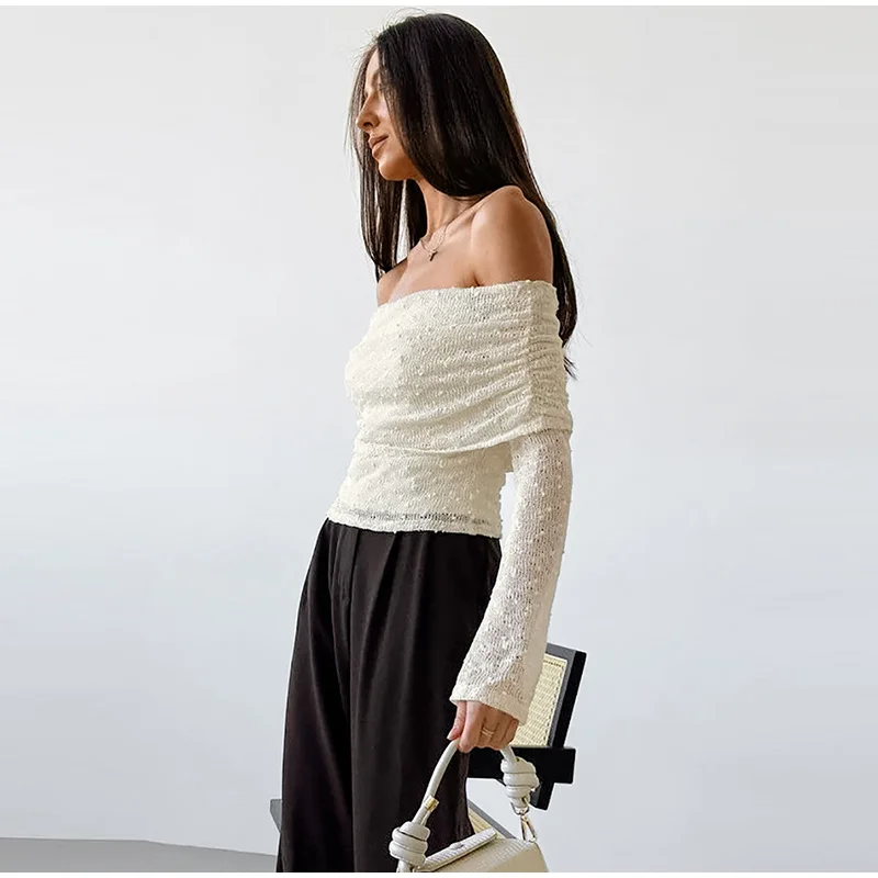 Camisa elegante con hombros descubiertos para mujer, de punto, lisa, de manga larga, sin espalda, ajustada, blusa de oficina para primavera y verano 2025.