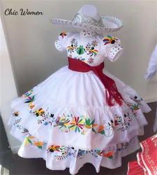 Mexican Embroidery Flower Girl Dress 2023 High Neck Short Sleeve Princess Charro Pageant Kids Dress Elegant Toddler Wedding Gown
