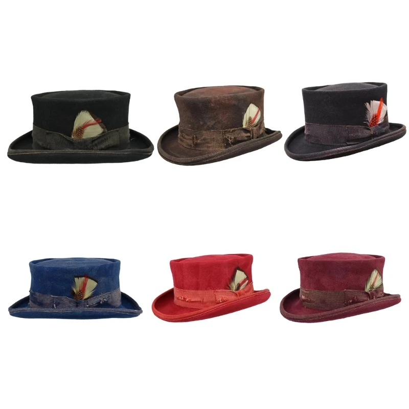 

Vintage Distressed Color Fedora Hat for Men Women Party Hat with Roll Brim Costume Flat Top Hat Hippies Cap Stage Props