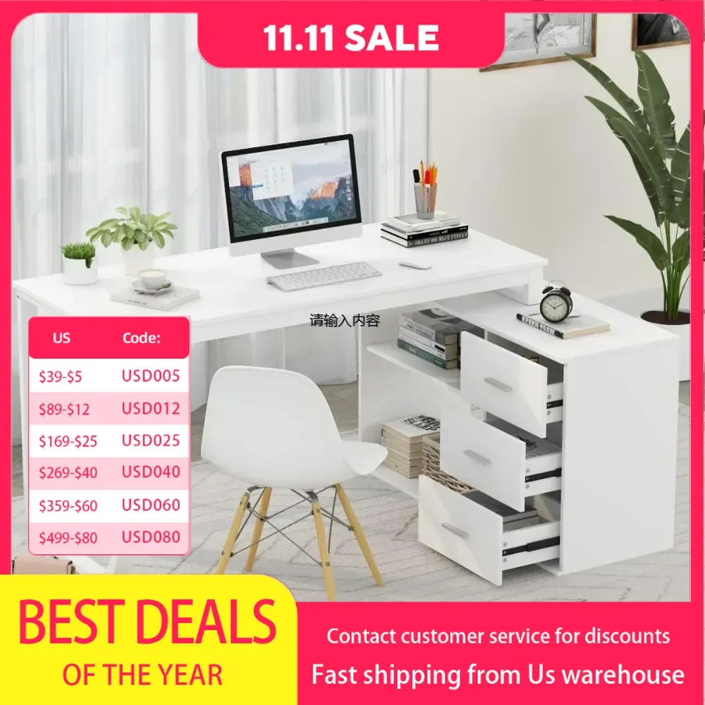 Office Furniture Desk Sets ,55.1" Large L-Shaped Office Desk With 41.3File Cabinet, Corner Computer With3Drawers & Shelves