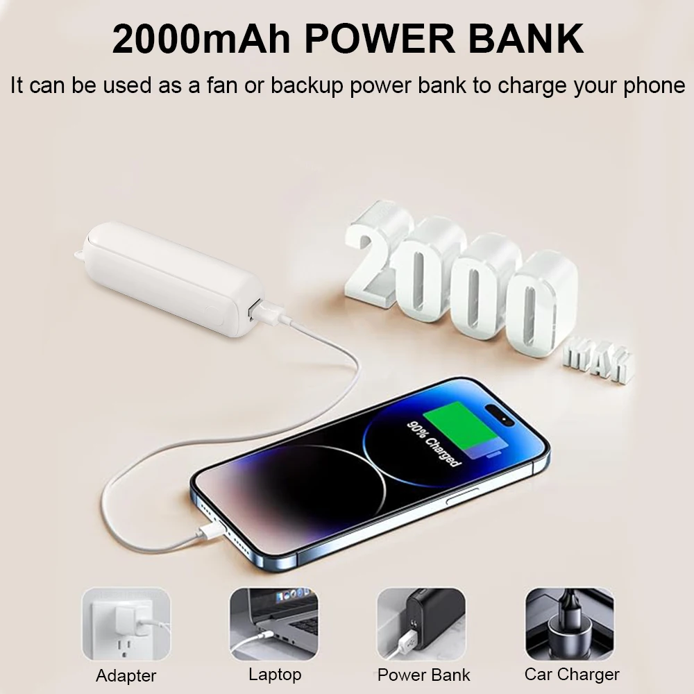 Portable Fan Mini Handheld Fan 2000mAh USB Rechargeable with Handy Power Bank Small Hand Held Foldable Pocket Fan for Travel 4
