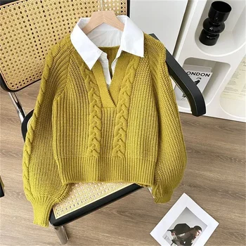 2025 Fashion New Casual Fall Winter Fake Two-piece Knitted Top for Women Autumn and Winter Long Sleeves Sweater for Women Tops