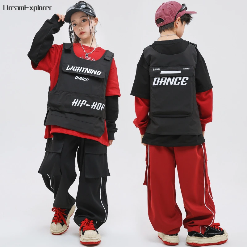 Boys Hip Hop Vest Contrast Sweatshirt Cagro Pants Girls Streetwear Child Street Dance Fake Two Piece Top Kids Jazz Clothes Sets
