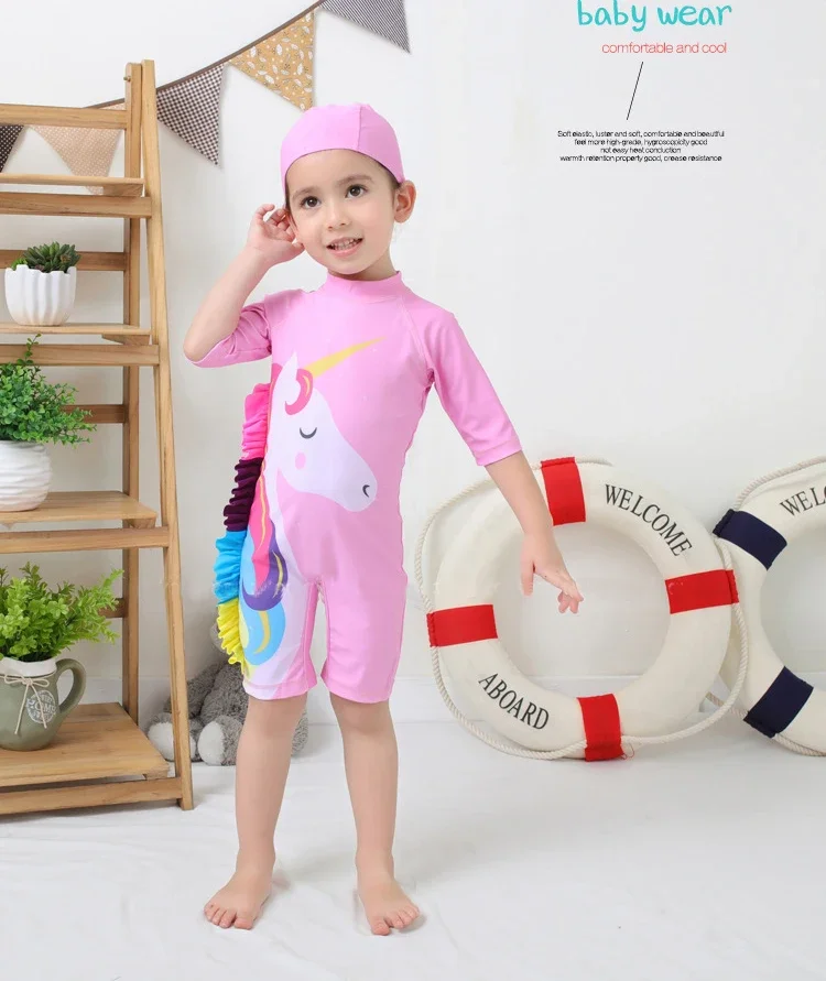 Baby Girls Swimsuit Long Sleeves One Piece Swimwear for Kids Toddler Cartoon UPF50+ Rash Guards Infant Bathing Suit images - 6