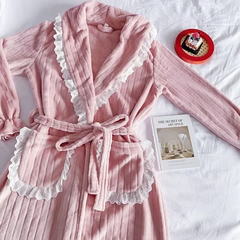 

Warm Robe Belt Sleepwear Nightdress 2023 Solid Nightgown Winter Pajama Homewear Wears Fleece Long Lace Sleeve Women for Night