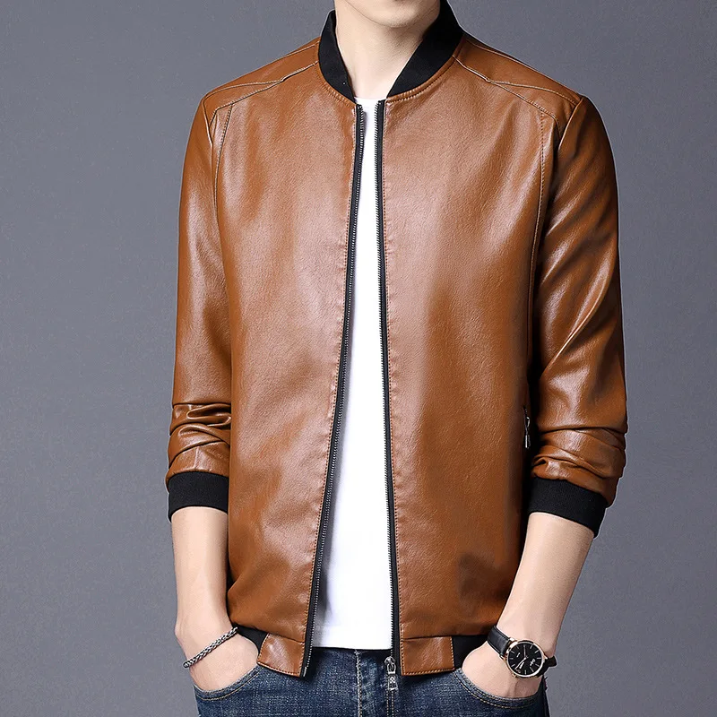 Men Leather Jacket Casual Solid Color fashion Slim Fit Spring