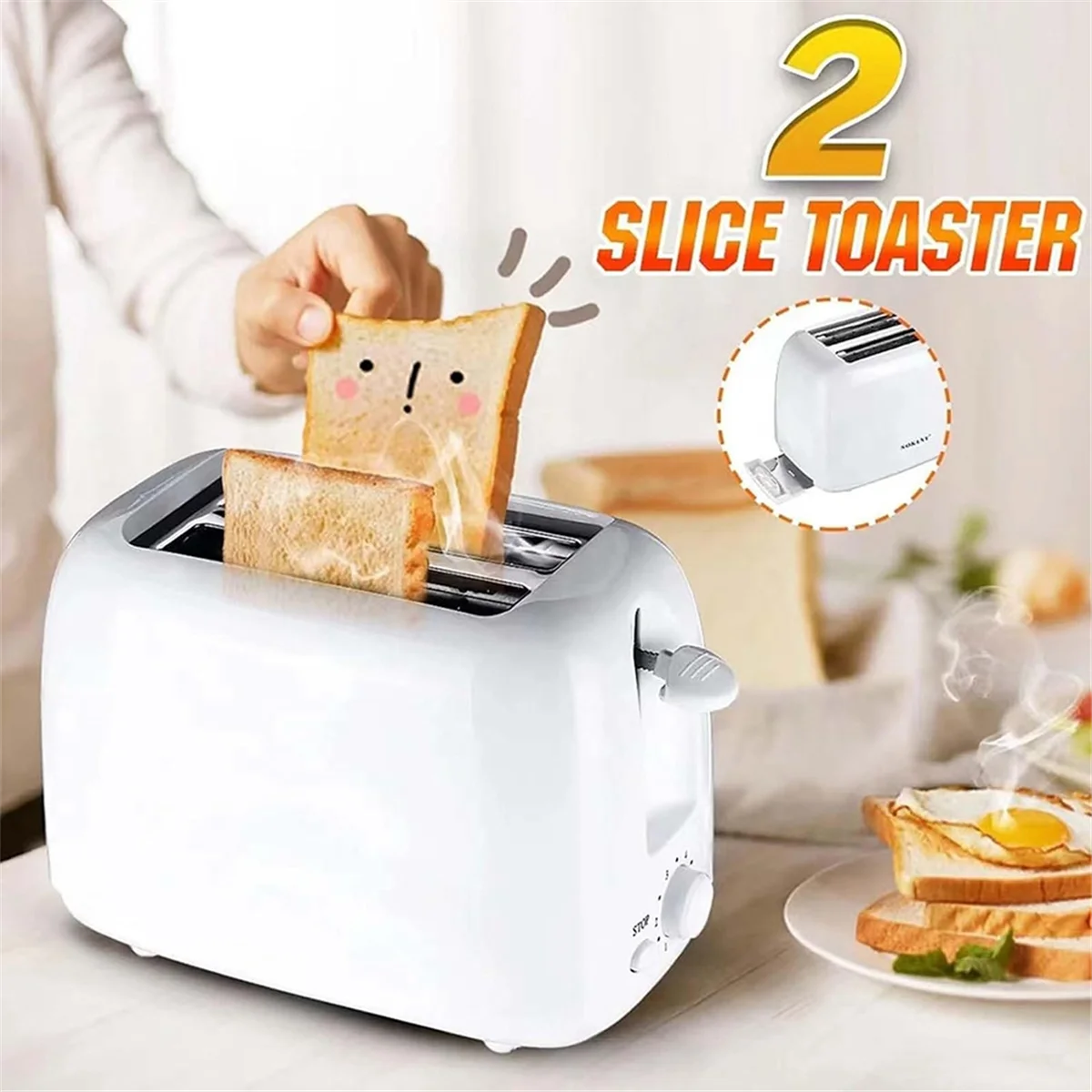 BABZ Retro Toaster 2 Slice with 6 Functions, Stainless Steel Toaster Removable Crumb Tray, Under Base Cord Storage US Plug