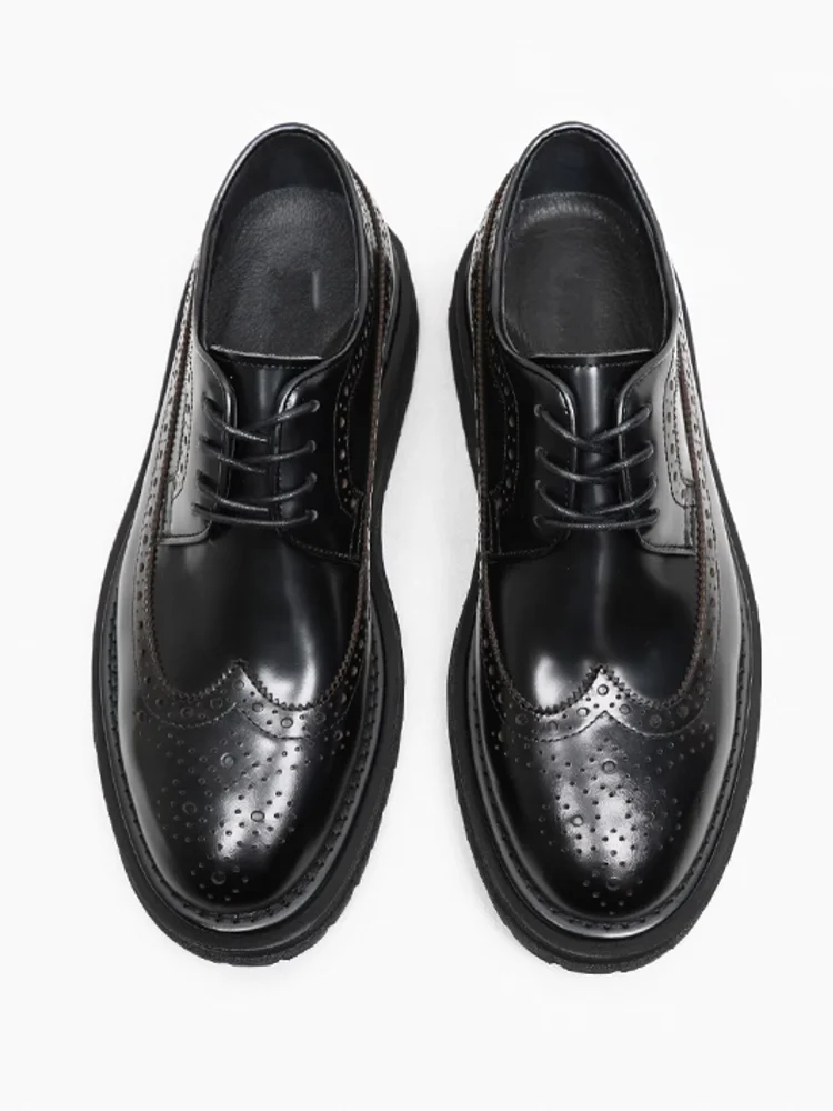 Mens Wing Tip Brogue Shoes Business Height Increasing Thick Platform Cowhide Genuine Leather Formal Shoes Bright Work Dress