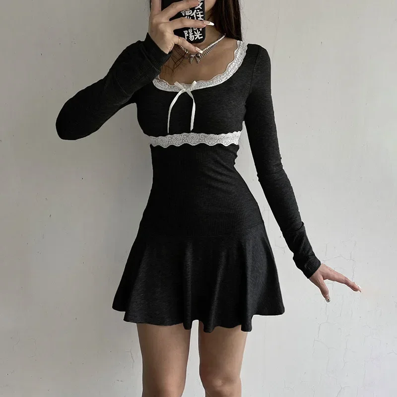 

Женское мини-платье с длинным рукавом, однотонное облегающее платье с кружевом в стиле пэчворк, Клубные элегантные женские платья, весна-лето 2024