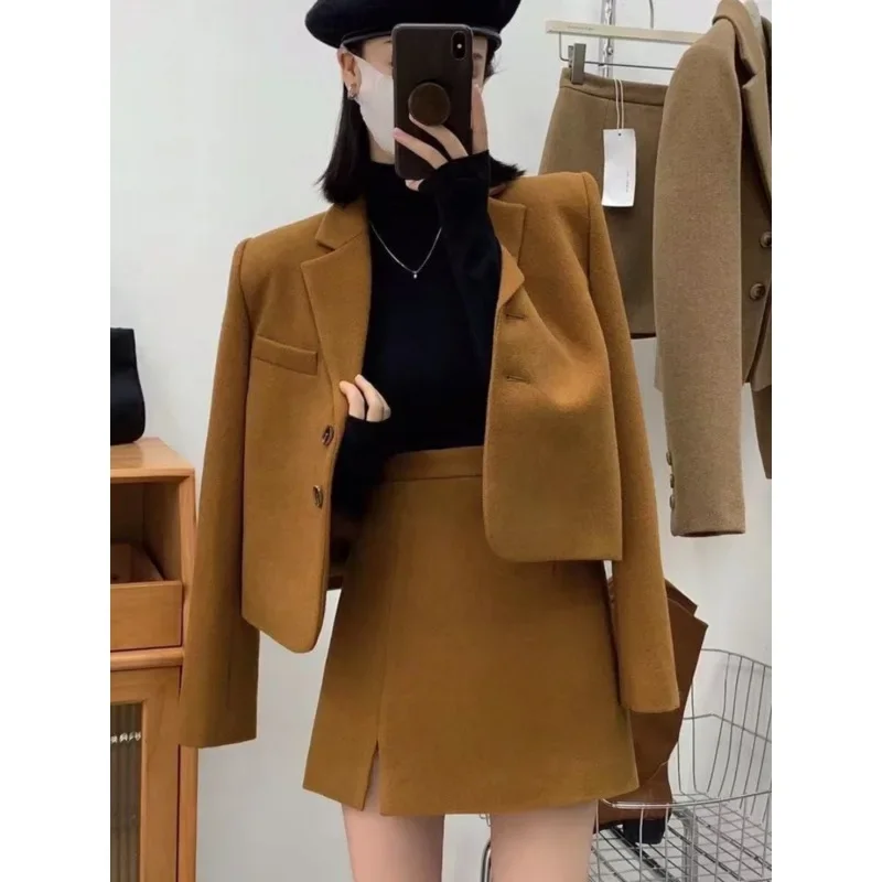 

UNXX Skirts Sets Solid Lapel Young Lady Short Blazers Tops + A-line Hip Wrap Split Vintage Skirt Two Piece Set Female Outfits