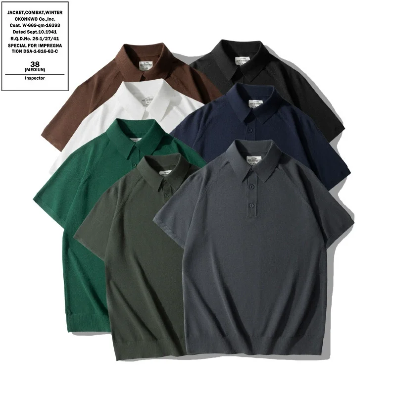 Ice Silk Cool Summer OKONKWO Italian Short Sleeve Knitted Shirt Amikhaki Flip Collar Ice Silk T-shirt Outdoor Trekking Workwear