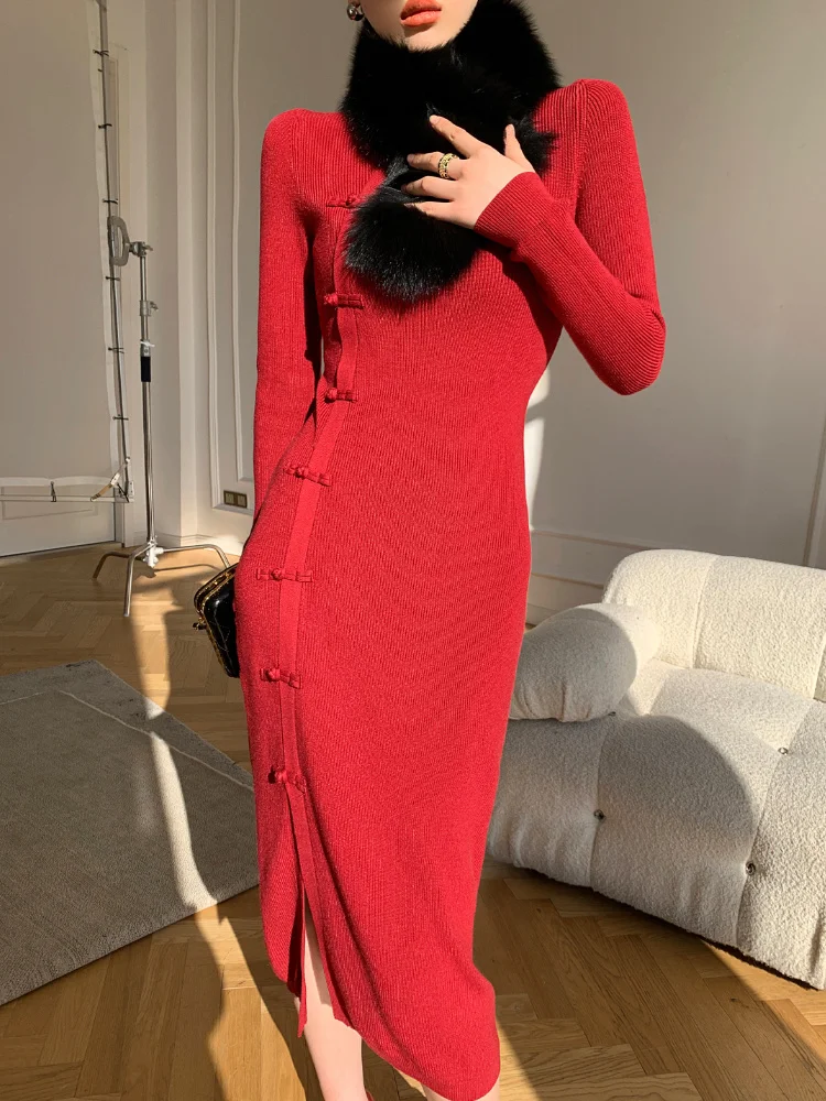 

Red New Chinese Knitted Dress Women's Spring 2023 New Tight Slim Mid length Underlay Skirt