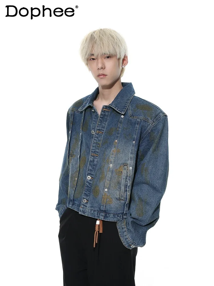 

Spring 2024 Long Sleeve Denim Jackets Men's Personality Short Handsome Casual Trendy Single Row Multi-Buckle Coats Men's Clothes