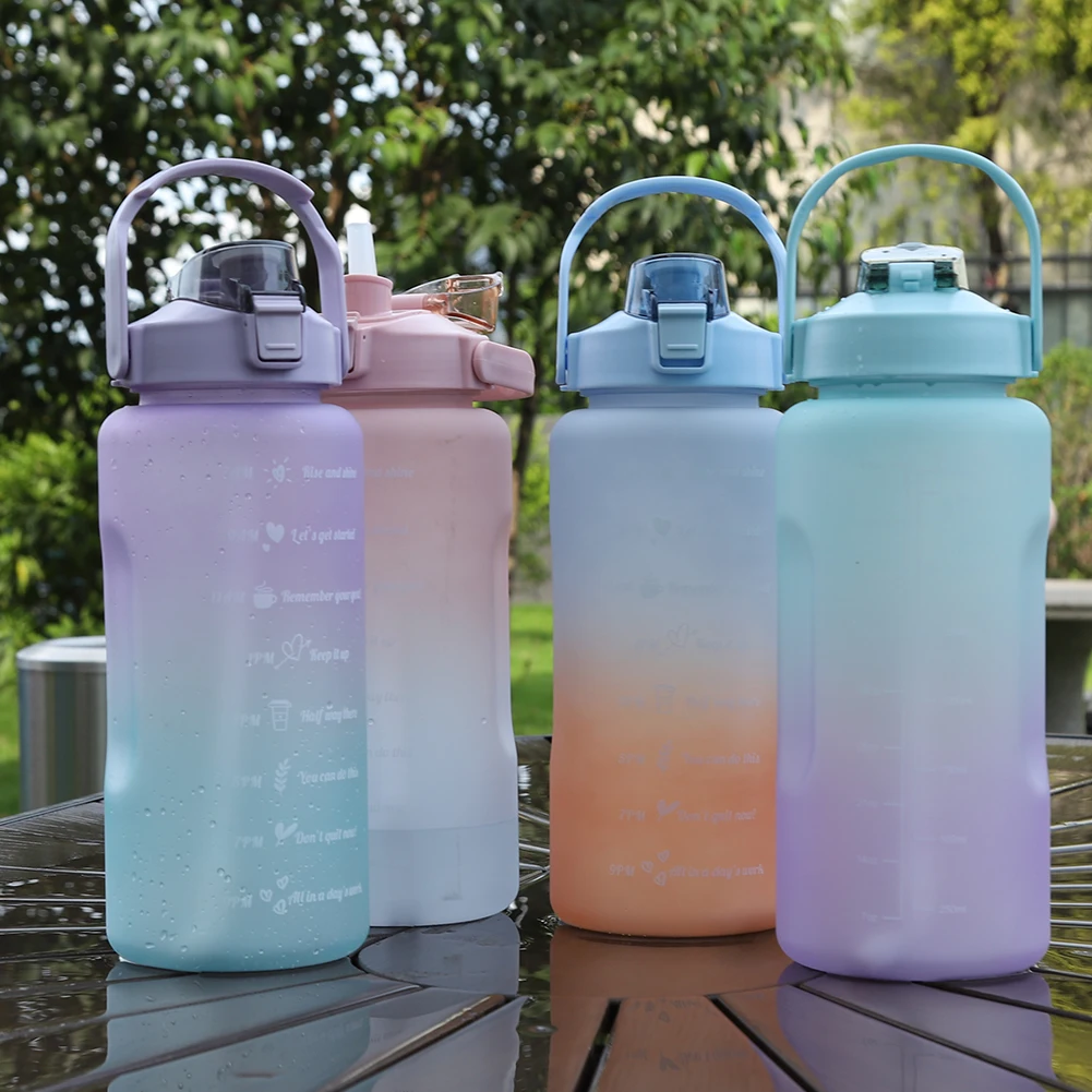 2000ml Motivational Gradient Water Bottle With Time Marker And Straw Handle  - Portable, Leakproof Sports Water Cup For Outdoor Activities, Gym, Fitnes