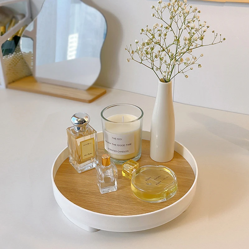 1Pc Scandinavian Wood Storage Tray Household Desktop Sundries Cosmetic Perfume Jewelry Key Plate Home Decorative Round Storage Trays