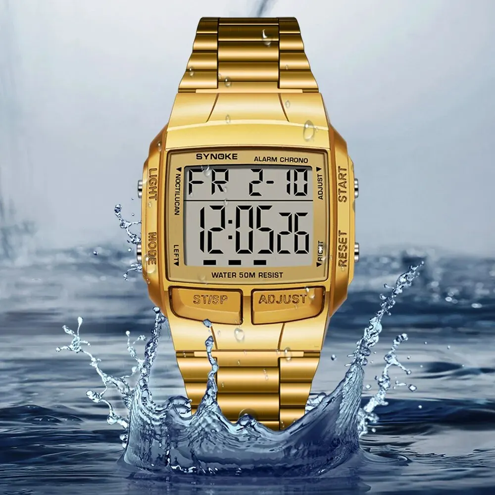 Zolohoni Orologio Digitale Uomo Acciaio Inox - Quadrato, Doppio Fuso, Cronografo, Impermeabile 30m
