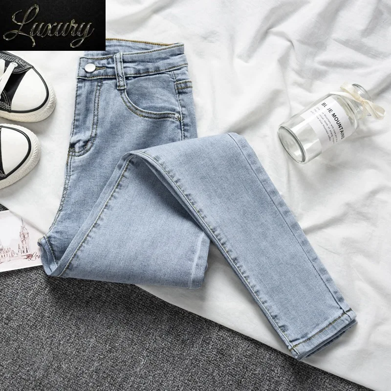 

Новые винтажные женские джинсы с высокой талией, простые однотонные модные облегающие Женские брюки-карандаш, универсальные обтягивающие эластичные джинсовые брюки