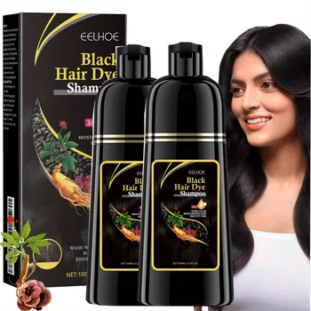 Champú para teñir el cabello negro, esencia de hierbas naturales, champú para colorear 3 en 1, limpieza, eliminación de caspa para cubrir el blanco, 2 uds.
