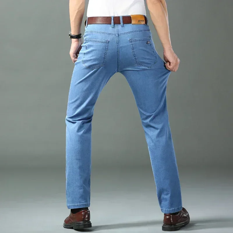 2024 Spring Summer Thin Denim Straight Cotton Stretch Jeans Men Business Casual Cloth High Waist Ice Silk Lightweight Trousers