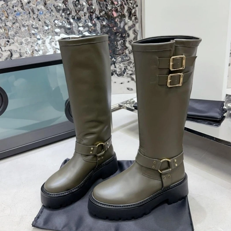 

Chunky Knee-high Riding Boots Women's Leather Round Toe Casual Style Street Biker Shoes Autumn Winter Fashion Soft Boots