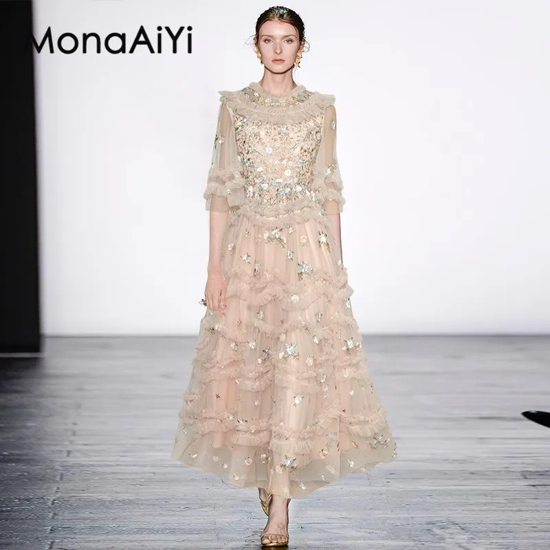 

MonaAiYi 2023 New Fashion Runway Designer Women's Lotus Leaf Short Sleeve Mesh Embroidery Waist Retraction Ruffles Dress